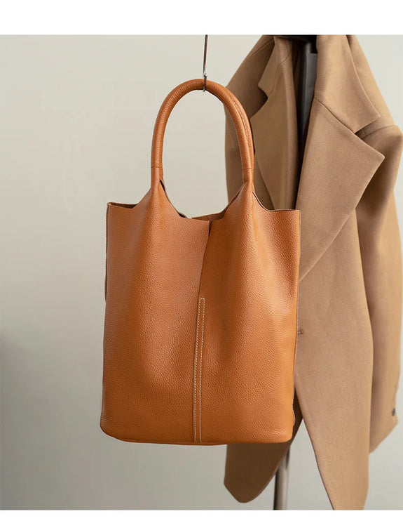 Genuine Leather Commuter Tote Bag Simple Ladies Soft Cowhide Tote Shoulder Handbag Large Capacity Women Bucket Bag 2025 New