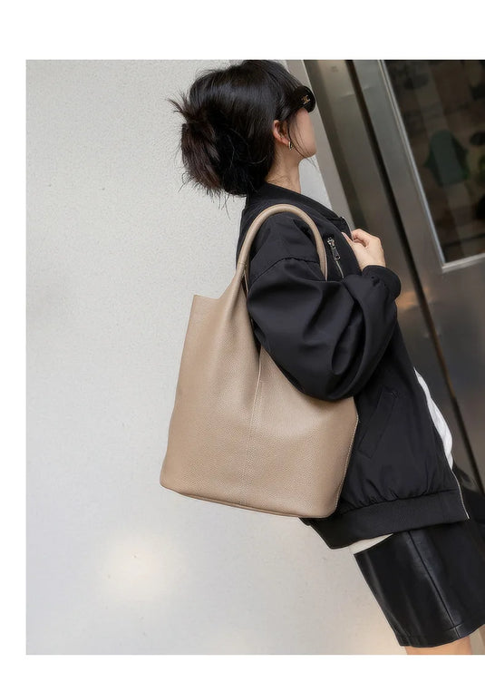 Genuine Leather Commuter Tote Bag Simple Ladies Soft Cowhide Tote Shoulder Handbag Large Capacity Women Bucket Bag 2025 New