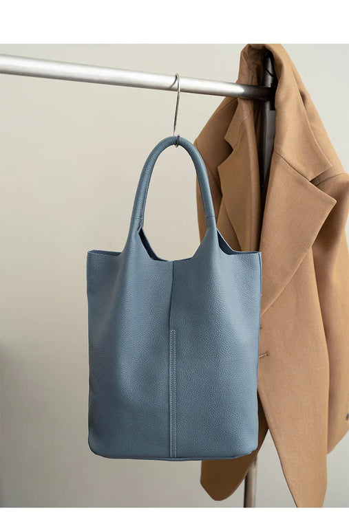 Genuine Leather Commuter Tote Bag Simple Ladies Soft Cowhide Tote Shoulder Handbag Large Capacity Women Bucket Bag 2025 New