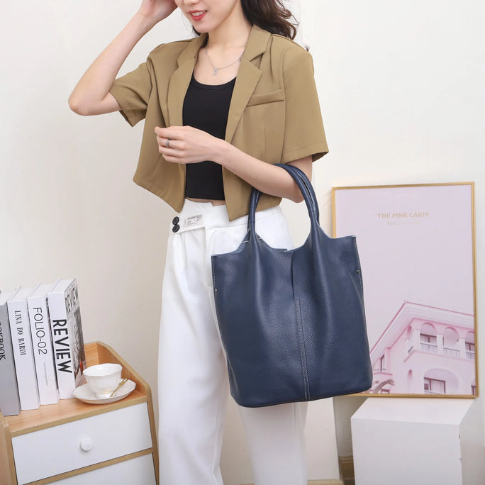 Genuine Leather Commuter Tote Bag Simple Ladies Soft Cowhide Tote Shoulder Handbag Large Capacity Women Bucket Bag 2025 New