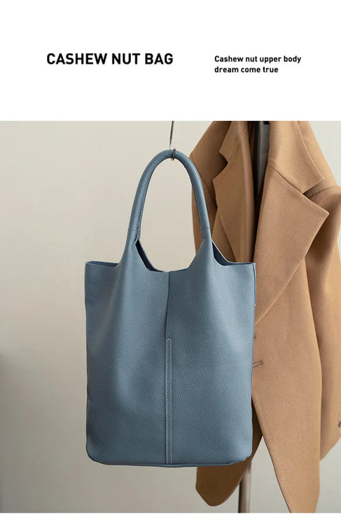 Genuine Leather Commuter Tote Bag Simple Ladies Soft Cowhide Tote Shoulder Handbag Large Capacity Women Bucket Bag 2025 New