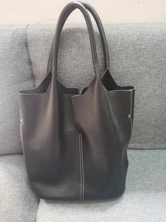 Genuine Leather Commuter Tote Bag Simple Ladies Soft Cowhide Tote Shoulder Handbag Large Capacity Women Bucket Bag 2025 New