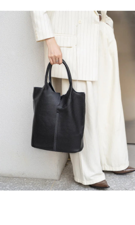 Genuine Leather Commuter Tote Bag Simple Ladies Soft Cowhide Tote Shoulder Handbag Large Capacity Women Bucket Bag 2025 New