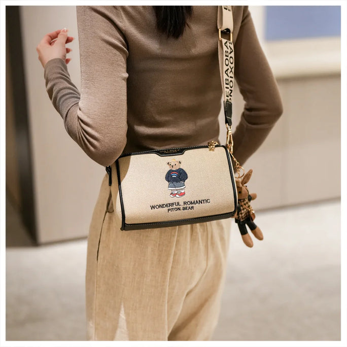 Beibao New Fashionable Cylindrical Bag Women's Shoulder Bag Embroidered Canvas Women's Bag Crossbody Bag Texture Small Bag