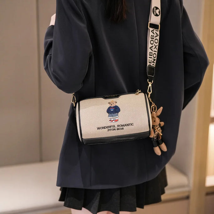 Beibao New Fashionable Cylindrical Bag Women's Shoulder Bag Embroidered Canvas Women's Bag Crossbody Bag Texture Small Bag