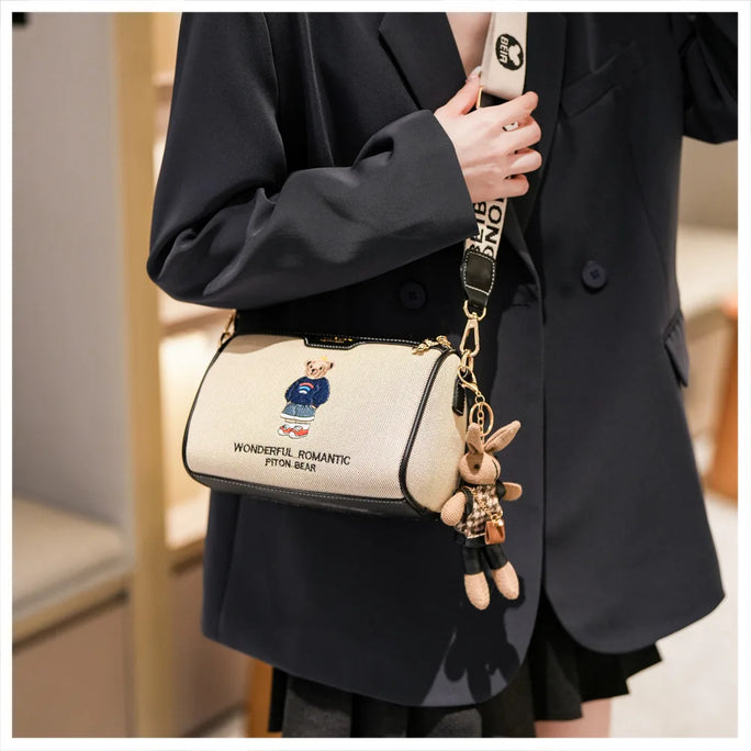 Beibao New Fashionable Cylindrical Bag Women's Shoulder Bag Embroidered Canvas Women's Bag Crossbody Bag Texture Small Bag