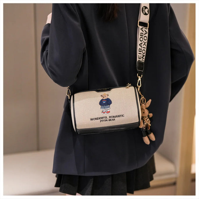 Beibao New Fashionable Cylindrical Bag Women's Shoulder Bag Embroidered Canvas Women's Bag Crossbody Bag Texture Small Bag