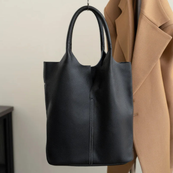 Genuine Leather Commuter Tote Bag Simple Ladies Soft Cowhide Tote Shoulder Handbag Large Capacity Women Bucket Bag 2025 New