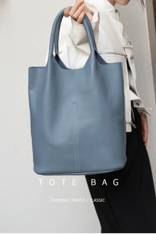 Genuine Leather Commuter Tote Bag Simple Ladies Soft Cowhide Tote Shoulder Handbag Large Capacity Women Bucket Bag 2025 New
