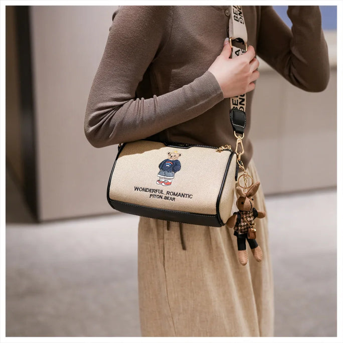 Beibao New Fashionable Cylindrical Bag Women's Shoulder Bag Embroidered Canvas Women's Bag Crossbody Bag Texture Small Bag