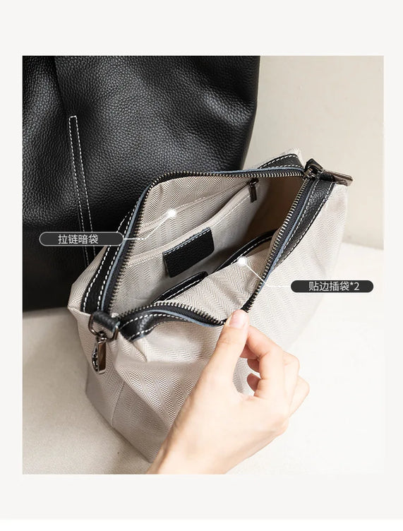 Genuine Leather Commuter Tote Bag Simple Ladies Soft Cowhide Tote Shoulder Handbag Large Capacity Women Bucket Bag 2025 New