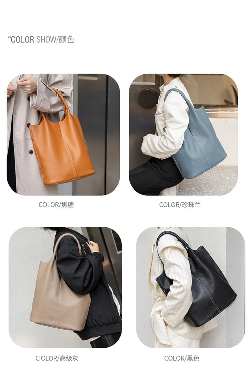 Genuine Leather Commuter Tote Bag Simple Ladies Soft Cowhide Tote Shoulder Handbag Large Capacity Women Bucket Bag 2025 New
