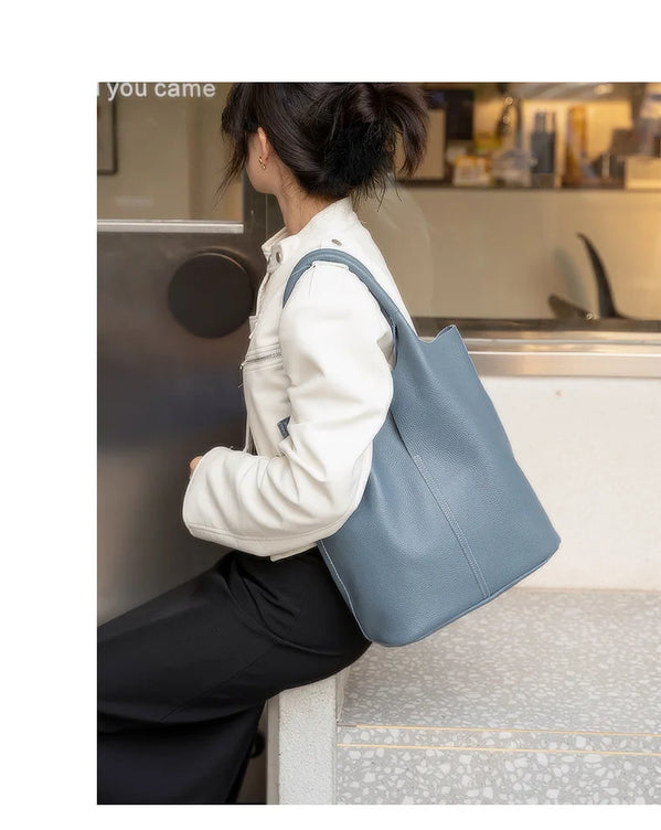 Genuine Leather Commuter Tote Bag Simple Ladies Soft Cowhide Tote Shoulder Handbag Large Capacity Women Bucket Bag 2025 New