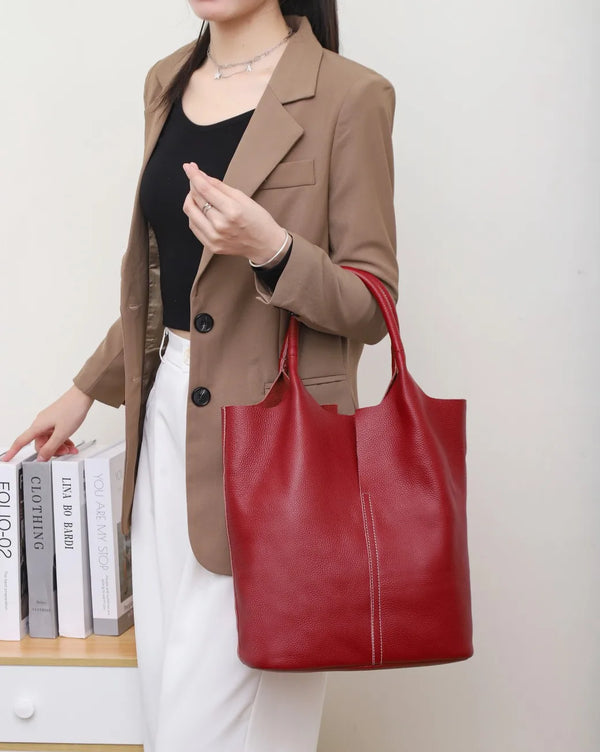 Genuine Leather Commuter Tote Bag Simple Ladies Soft Cowhide Tote Shoulder Handbag Large Capacity Women Bucket Bag 2025 New